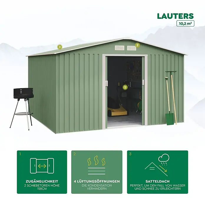 Hoggar Gerätehaus Lauters - Außenmaß inkl. Dachüberstand (B x T): 322 x 324 cm, Metall, Grün - Das Bild zeigt ein grünes LAUTERS Gartenhaus mit Schiebetüren, Lüftungsöffnungen und Satteldach. Ideal zur Aufbewahrung von Gartengeräten.