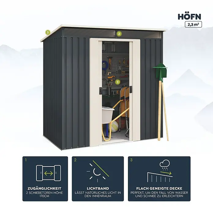 Hoggar Gerätehaus Hofn - Außenmaß inkl. Dachüberstand (B x T): 195 x 121 cm, Anthrazitgrau, Stahl, Grundfläche: 2,3 m² - Abbildung eines HÖFN Geräteschuppens mit Schiebetüren, Lichtband und flach geneigter Decke für einfachen Wasserabfluss.