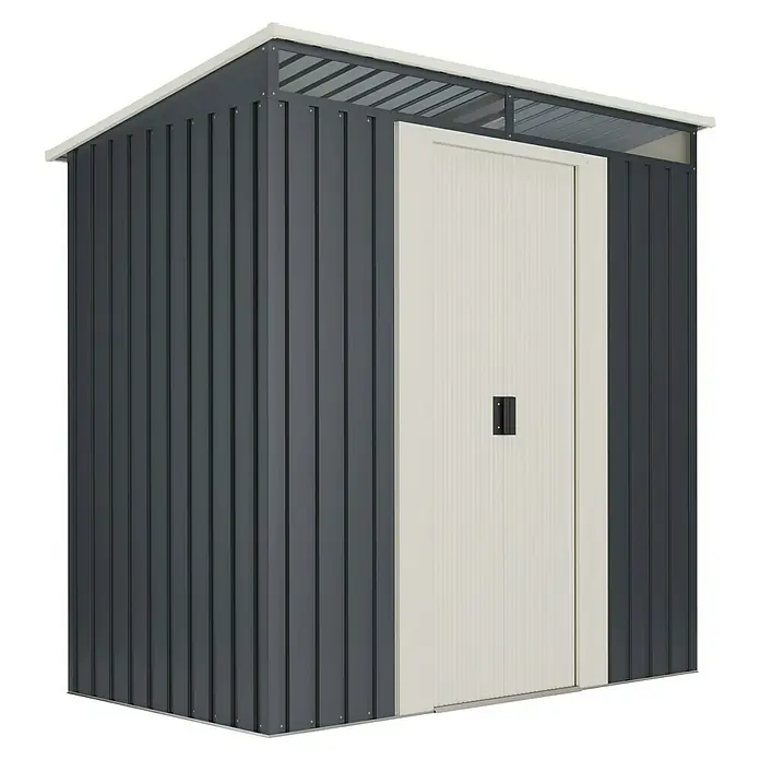 Hoggar Gerätehaus Hofn - Außenmaß inkl. Dachüberstand (B x T): 195 x 121 cm, Anthrazitgrau, Stahl, Grundfläche: 2,3 m² - Nahaufnahme eines anthrazitfarbenen Gerätehauses mit einer weißen Tür. Das Gerätehaus hat ein schlichtes, modernes Design.