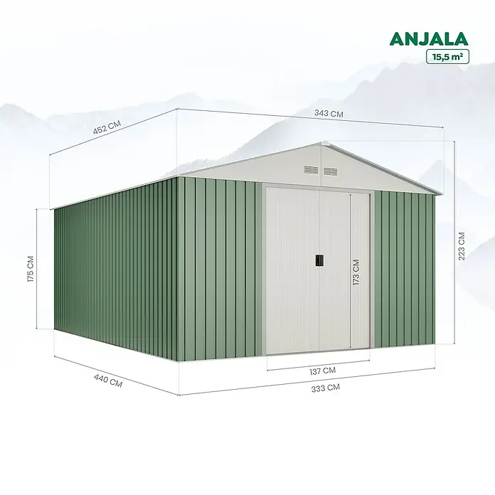 Hoggar Gerätehaus Anjala - Außenmaß inkl. Dachüberstand (B x T): 343 x 452 cm, Grün, Metall, Grundfläche: 15,5 m² - Produktbild eines grünen Anjala Gartenhauses mit den Massen 452 x 343 x 223 cm, ideal für die Aufbewahrung von Gartengeräten und mehr.