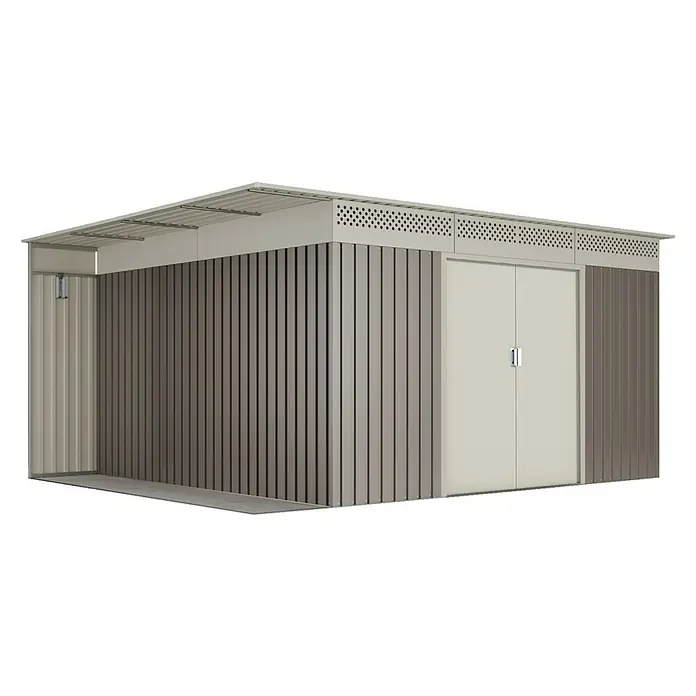 Hoggar Gerätehaus Uppsala - Außenmaß inkl. Dachüberstand (B x T): 397 x 333 cm, Taupe, Metall, Grundfläche: 13,22 m² - Abbildung eines modernen Gerätehauses mit Doppeltür und vertikalen Wandpaneelen.