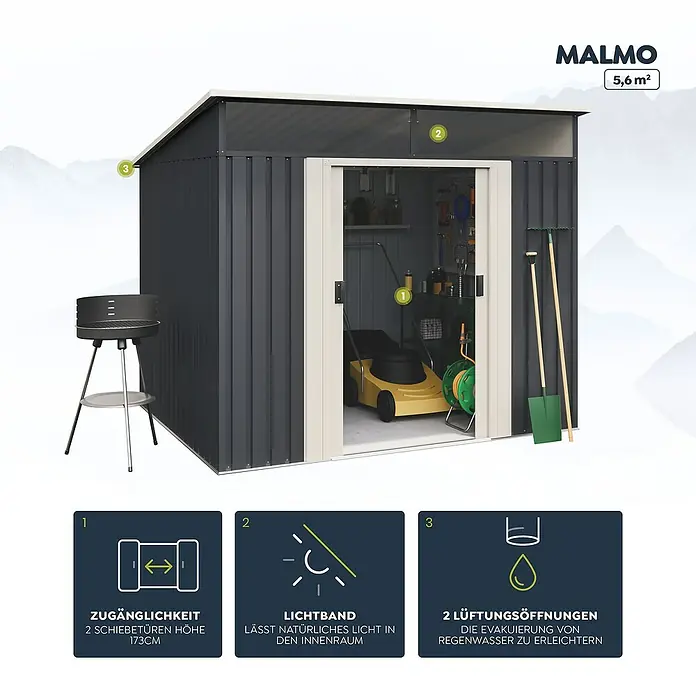 Hoggar Gerätehaus Malmo II - Außenbreite inkl. Dachüberstand: 239 cm, Außentiefe inkl. Dachüberstand: 236 cm, Metall, Anthrazitgrau - Abbildung eines Gartenhauses Malmo 5,6 m² mit Schiebetüren, Lichtband und Belüftungsöffnungen zur Evakuierung von Regenwasser.