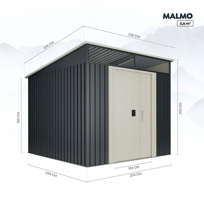 Hoggar Gerätehaus Malmo II - Außenbreite inkl. Dachüberstand: 239 cm, Außentiefe inkl. Dachüberstand: 236 cm, Metall, Anthrazitgrau - Abbildung eines Malmo Gerätehauses mit Maßangaben zu Höhe, Breite und Länge für eine detaillierte Produktansicht.