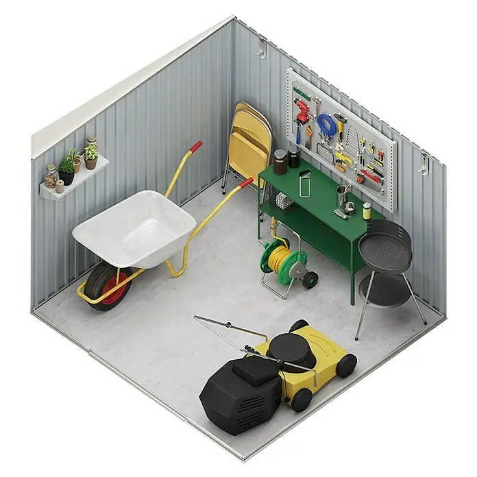 Hoggar Gerätehaus Husavik - Außenmaß inkl. Dachüberstand (B x T): 257 x 206 cm, Taupe, Stahl, 5,3 m² - Ansicht eines Gartenhauses mit Schubkarre, Rasenmäher, Grill und Werkzeugen, die ordentlich aufbewahrt werden.