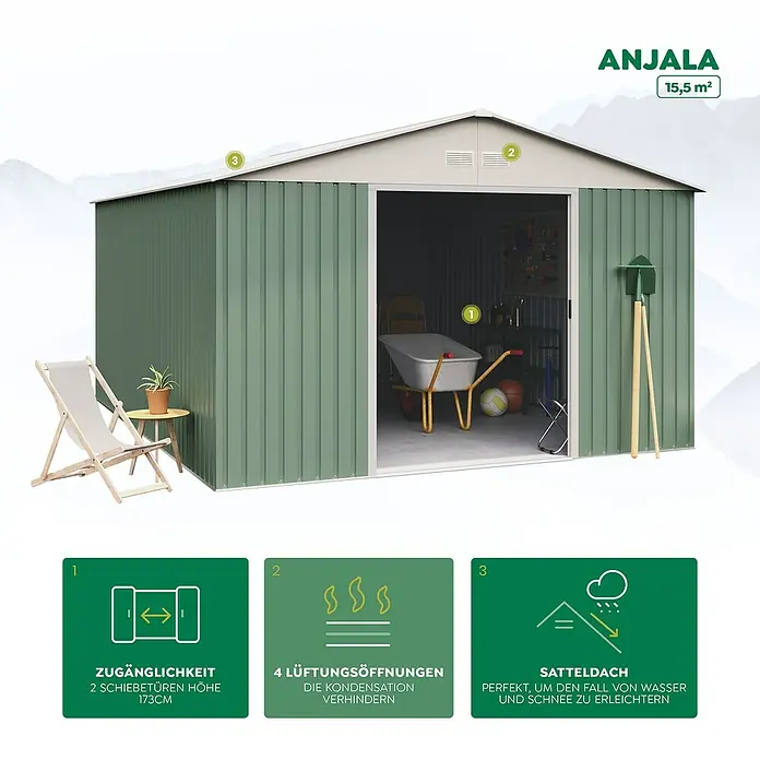 Hoggar Gerätehaus Anjala - Außenmaß inkl. Dachüberstand (B x T): 343 x 452 cm, Grün, Metall, Grundfläche: 15,5 m² - Ansicht eines grünen Gerätehauses Anjala mit Schiebetüren, Lüftungsöffnungen und Satteldach zur einfachen Ableitung von Wasser und Schnee.