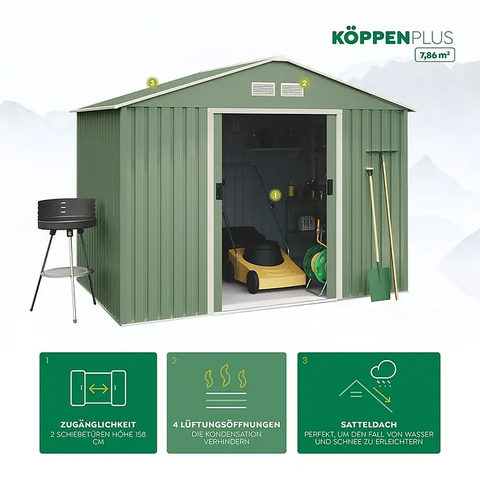 Hoggar Gerätehaus Köppen Plus - Außenmaß inkl. Dachüberstand (B x T): 261 x 301 cm, Grün, Stahl, Grundfläche: 7,86 m² - Abbildung eines grünen KÖPPENPLUS Gartenhauses mit Schiebetüren, Lüftungsöffnungen und Satteldach für Gartenwerkzeug.