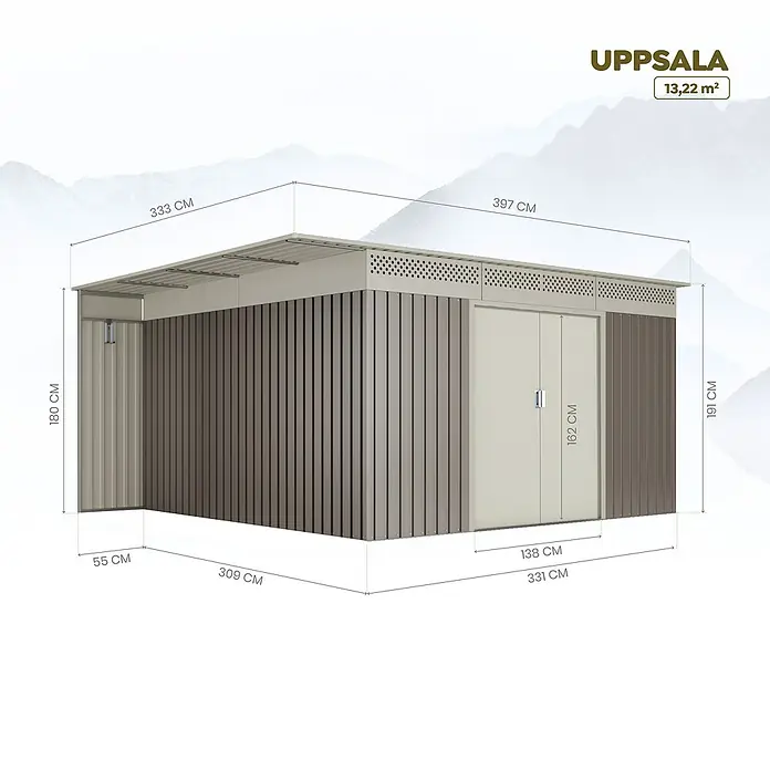 Hoggar Gerätehaus Uppsala - Außenmaß inkl. Dachüberstand (B x T): 397 x 333 cm, Taupe, Metall, Grundfläche: 13,22 m² - Abbildung des Gartenhauses Uppsala mit Maßangaben zu Höhe, Breite und Tiefe in Zentimetern und Angabe der Gesamtfläche.