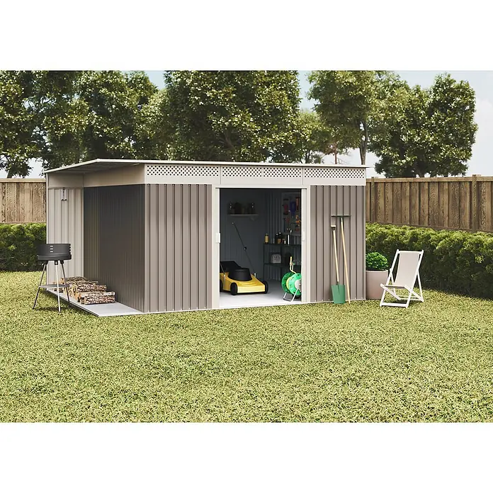 Hoggar Gerätehaus Uppsala - Außenmaß inkl. Dachüberstand (B x T): 397 x 333 cm, Taupe, Metall, Grundfläche: 13,22 m² - Geräumiges Gartenhaus mit Rasenmäher, Grill und Brennholz. Ideal zur Aufbewahrung von Gartengeräten und als gemütlicher Rückzugsort.