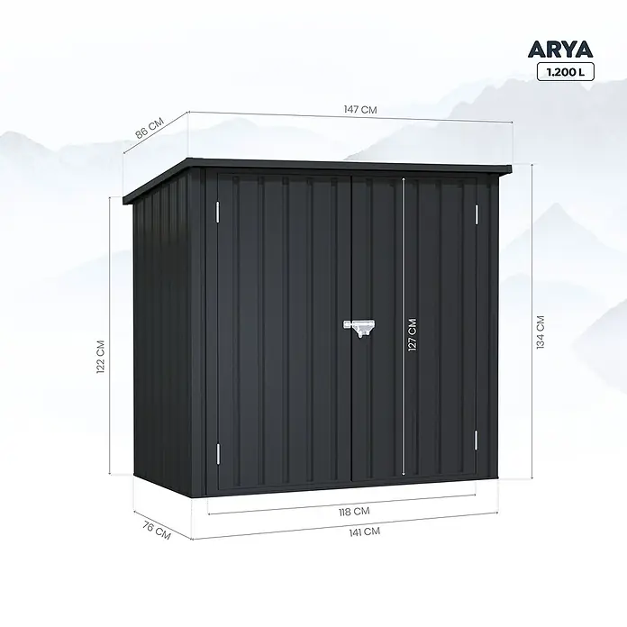 Hoggar Geräteschrank Arya - Metall, Anthrazitgrau - Abbildung eines schwarzen Gartenschranks "ARYA 1.200 L" mit Größenangaben in Zentimetern. Ideal zur Aufbewahrung von Gartengeräten.