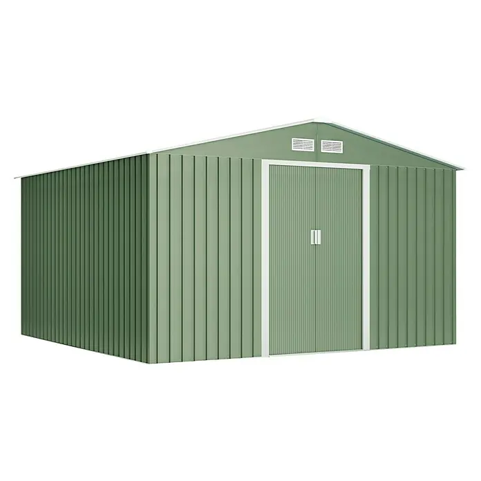 Hoggar Gerätehaus Lauters - Außenmaß inkl. Dachüberstand (B x T): 322 x 324 cm, Metall, Grün - Ein grünes Gerätehaus mit Doppeltür und Lüftungsschlitzen im Giebel. Das Metallhaus bietet Stauraum für Gartengeräte und Werkzeug.