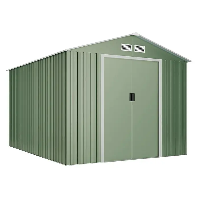 Hoggar Gerätehaus Köppen Plus - Außenmaß inkl. Dachüberstand (B x T): 261 x 301 cm, Grün, Stahl, Grundfläche: 7,86 m² - Ein grünes Gartenhaus mit Doppeltür und Belüftungsschlitzen im Giebel, ideal zur Aufbewahrung von Gartengeräten und Werkzeugen.