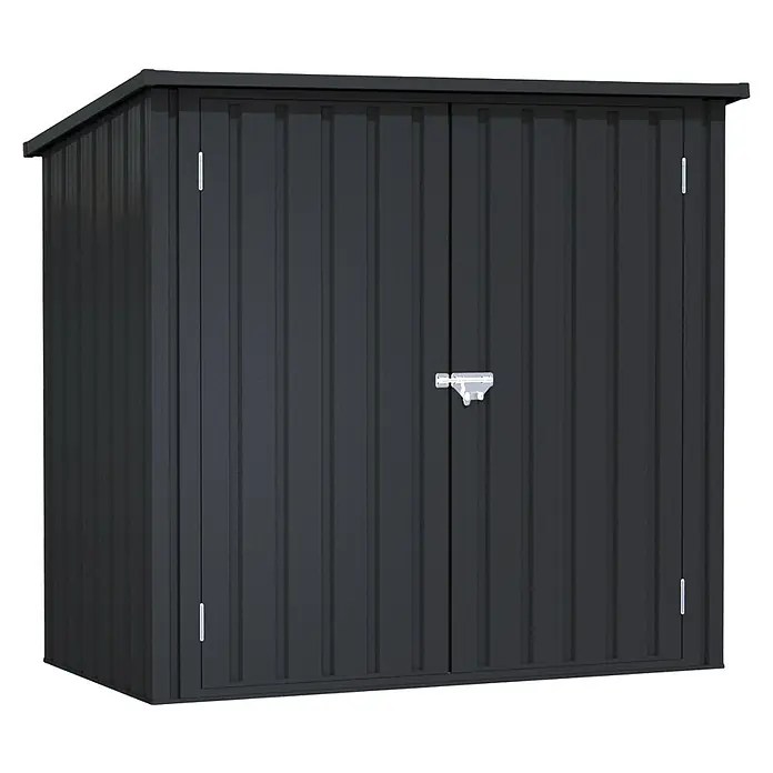 Hoggar Geräteschrank Arya - Metall, Anthrazitgrau - Ein grauer Metall-Gartenschrank mit Doppeltür und Riegelverschluss bietet robusten Stauraum im Außenbereich.