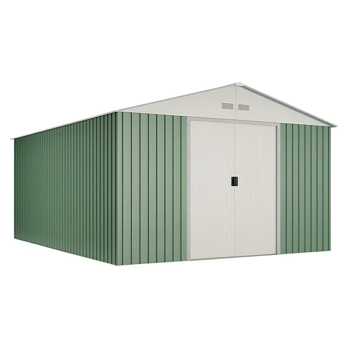Hoggar Gerätehaus Anjala - Außenmaß inkl. Dachüberstand (B x T): 343 x 452 cm, Grün, Metall, Grundfläche: 15,5 m² - Ein grünes Metall-Gartengerätehaus mit Doppeltür für die Aufbewahrung von Gartengeräten und -möbeln im Außenbereich.