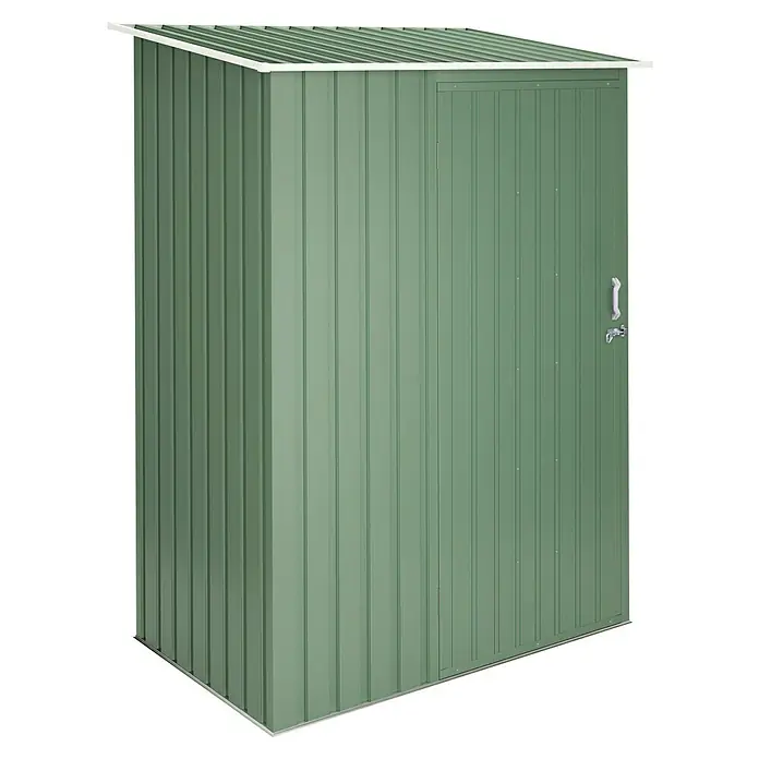Hoggar Geräteschrank Litt - Außenmaß inkl. Dachüberstand (B x T): 142 x 93 cm, Grün, Aluminium, 1,32 m² - Grüner Metallgartenschuppen mit weißem Rahmen und Tür mit Griff. Ideal zur Aufbewahrung von Gartengeräten und -möbeln.