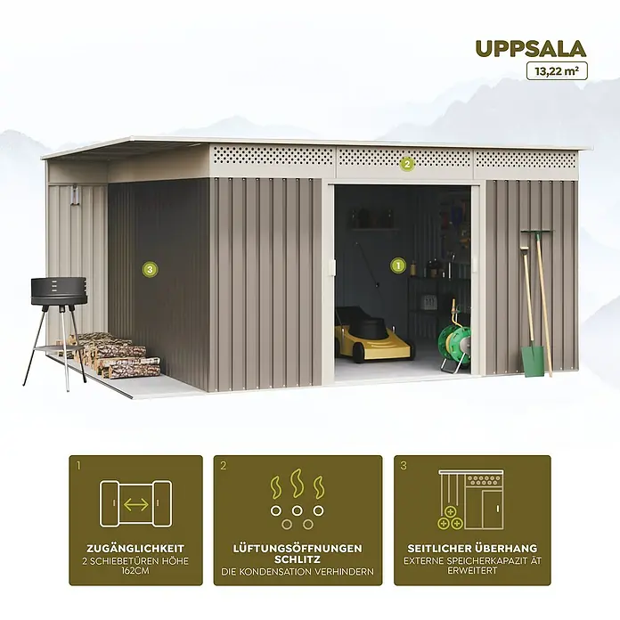 Hoggar Gerätehaus Uppsala - Außenmaß inkl. Dachüberstand (B x T): 397 x 333 cm, Taupe, Metall, Grundfläche: 13,22 m² - Gartenschuppen Uppsala mit Schiebetüren und Lüftungsöffnungen für verbesserte Luftzirkulation und zusätzlichen Stauraum.