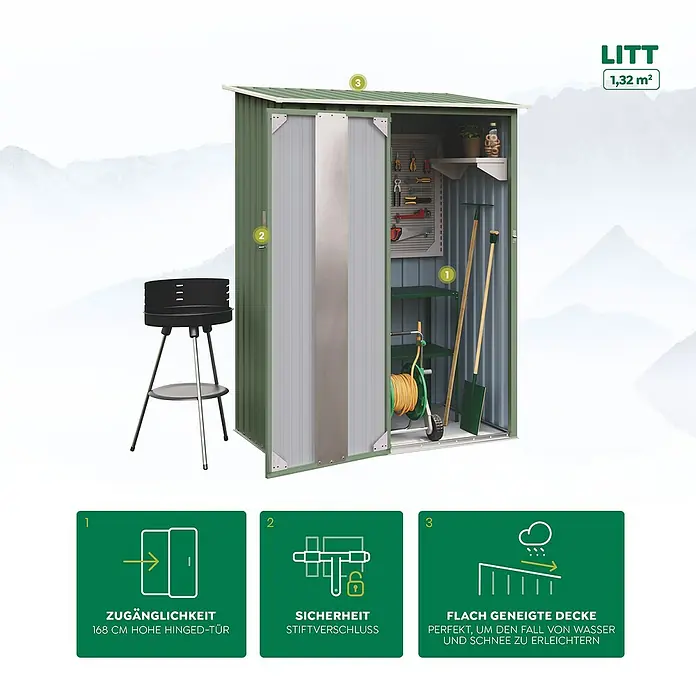Hoggar Geräteschrank Litt - Außenmaß inkl. Dachüberstand (B x T): 142 x 93 cm, Grün, Aluminium, 1,32 m² - Produktbild: Ein grüner Gartenschrank "LITT" mit geöffneter Tür, Grill und Infografiken zu Zugänglichkeit und Sicherheit.