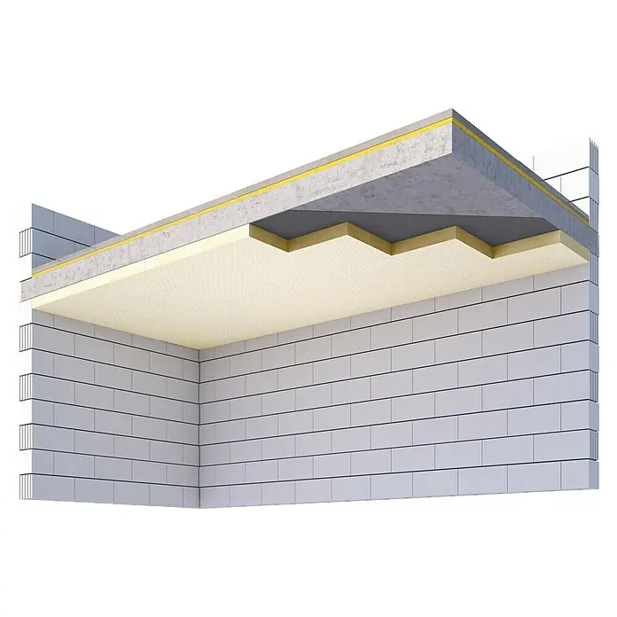 Ursa Hartschaumplatte XPS D N-III-L125 cm x 60 cm x 80 mm, 3,75 m² - Darstellung eines Schnitts durch eine Wand mit Dämmung, die die energieeffizienz und Isolierung des Gebäudes zeigt.
