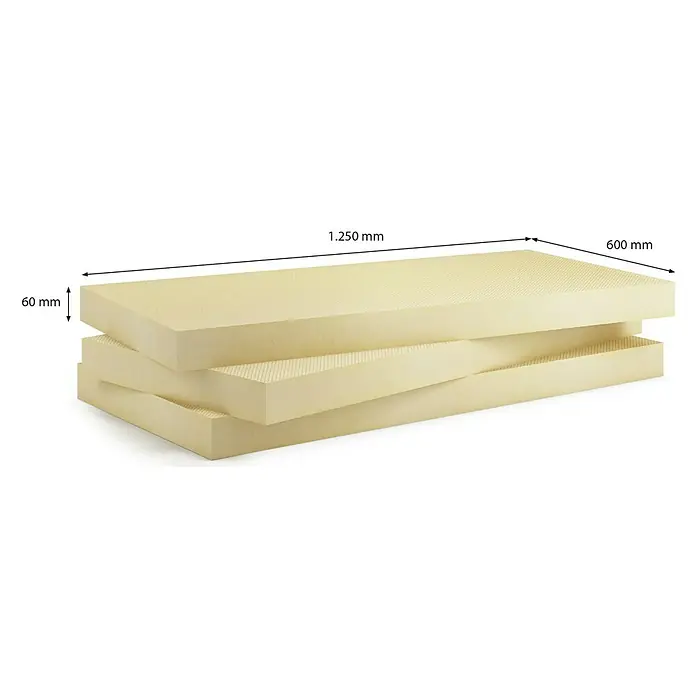 Ursa Hartschaumplatte XPS ECO D N-III-PZ-I - 125 cm x 60 cm x 60 mm, 5,25 m² - Bild von drei Dämmplatten in gestapelter Anordnung, mit Größenangaben. Die Platten sind beige und rechteckig.