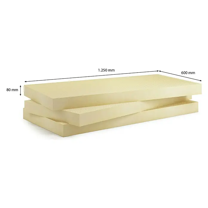 Ursa Hartschaumplatte XPS ECO D N-III-PZ-I - 125 cm x 60 cm x 80 mm, 3,75 m² - Die Abbildung zeigt EPS-Dämmplatten mit den Maßen 1250 mm Länge, 600 mm Breite und 80 mm Dicke, die gestapelt sind und eine Wärmedämmung darstellen.
