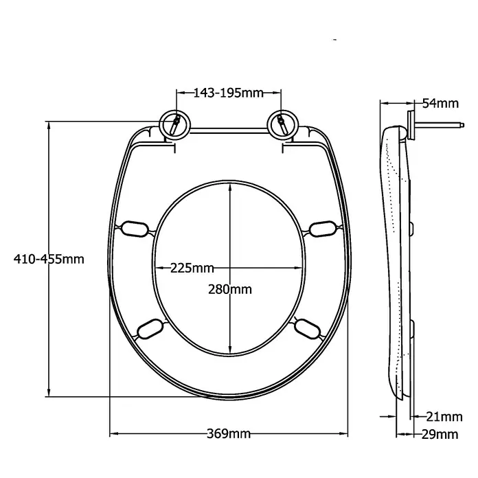 Poseidon WC-Sitz Dover - Duroplast, Weiß - Technische Zeichnung eines Toilettensitzes mit Bemaßungen. Ein praktisches Produkt für Ihr Badezimmer.