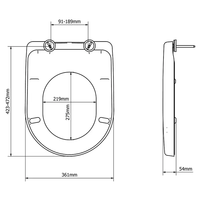 Poseidon Tapa de WC Valentina - Duroplast, Blanco, Con caída amortiguada - Dibujo técnico de un asiento de inodoro con dimensiones. Óptimo para diseño e instalación del baño.