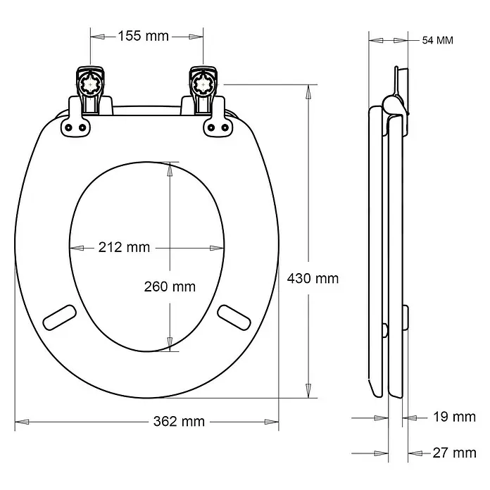 Poseidon WC-Sitz Seattle - Holz, Rot, Mit Absenkautomatik - Technische Zeichnung eines WC-Sitzes mit Bemaßungen für Installation und Design, ideal für Badplanung und Sanitärinstallation.