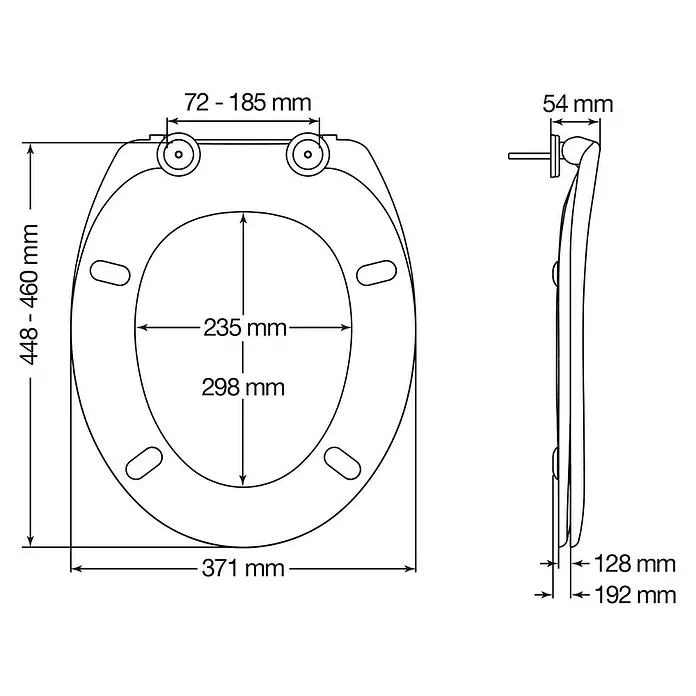 Bemis WC-Sitz Fiore - Duroplast, Weiß, Mit Absenkautomatik - Eine technische Zeichnung eines Toilettensitzes mit Bemaßungen für Länge, Breite und Befestigungsabstand.