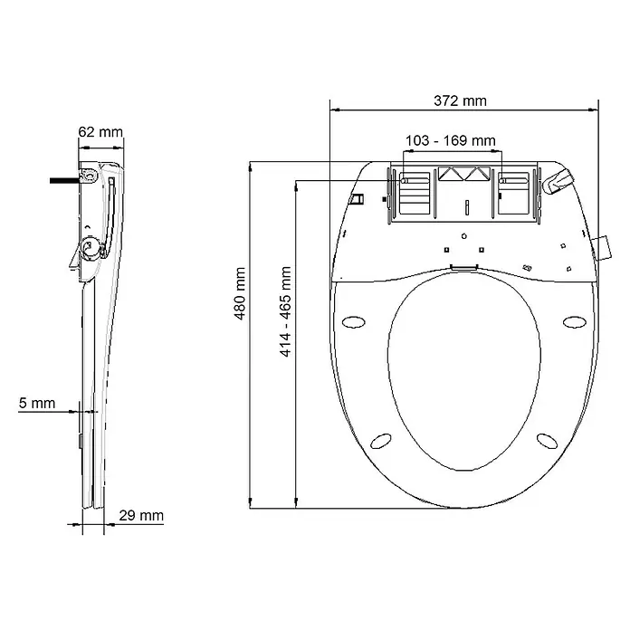 Bemis Dusch-WC-Sitz Pure Clean - Duroplast, Weiß, Mit Absenkautomatik - Produktbild einer Bidetbrille mit Maßangaben. Die Maße sind in Millimetern angegeben und zeigen die Größe und Form der Brille.