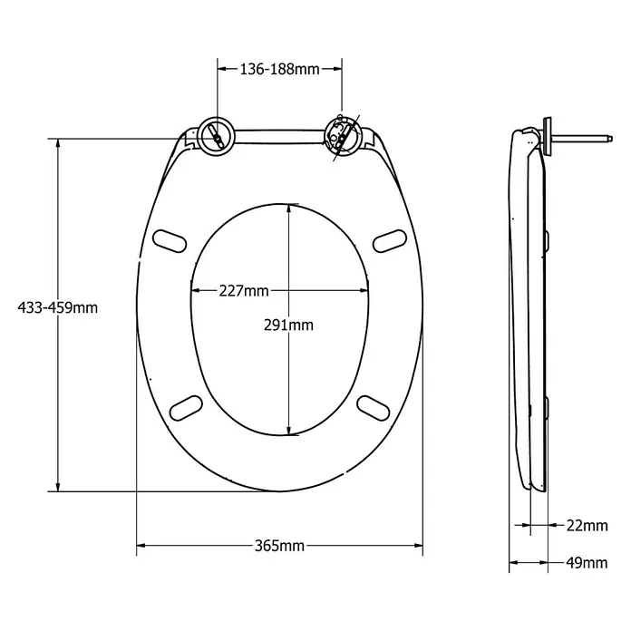 Poseidon WC-Sitz Ottawa - Duroplast, Weiß, Mit Absenkautomatik - Technische Zeichnung eines WC-Sitzes mit allen relevanten Maßen für Installation und Austausch.
