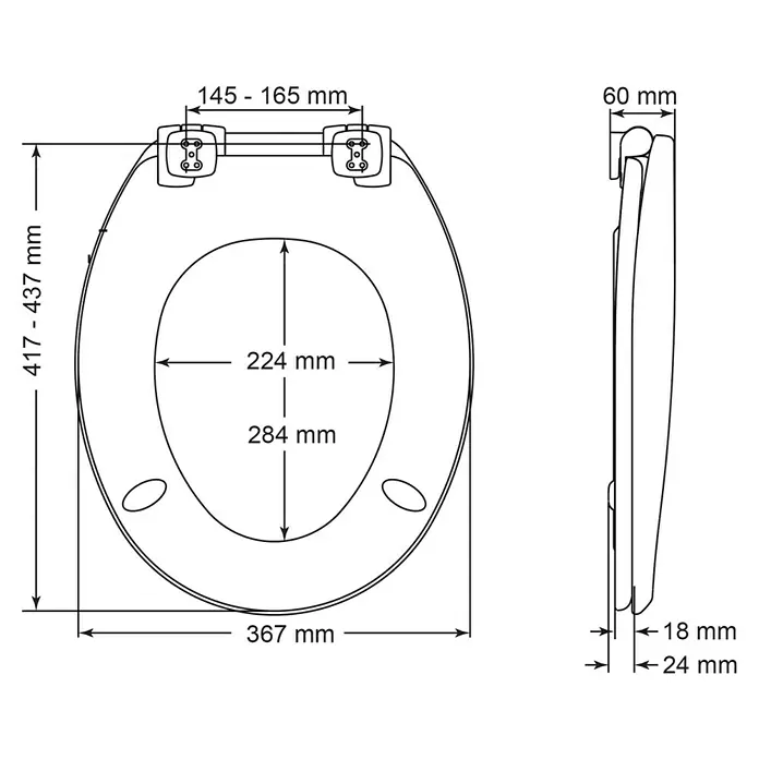 Poseidon WC-Sitz Canada - Holz, Weiß - Abmessungen des Toilettensitzes: Länge 417-437 mm, Breite 367 mm, Lochabstand 145-165 mm, Innenbreite 224 mm und Innentiefe 284 mm.