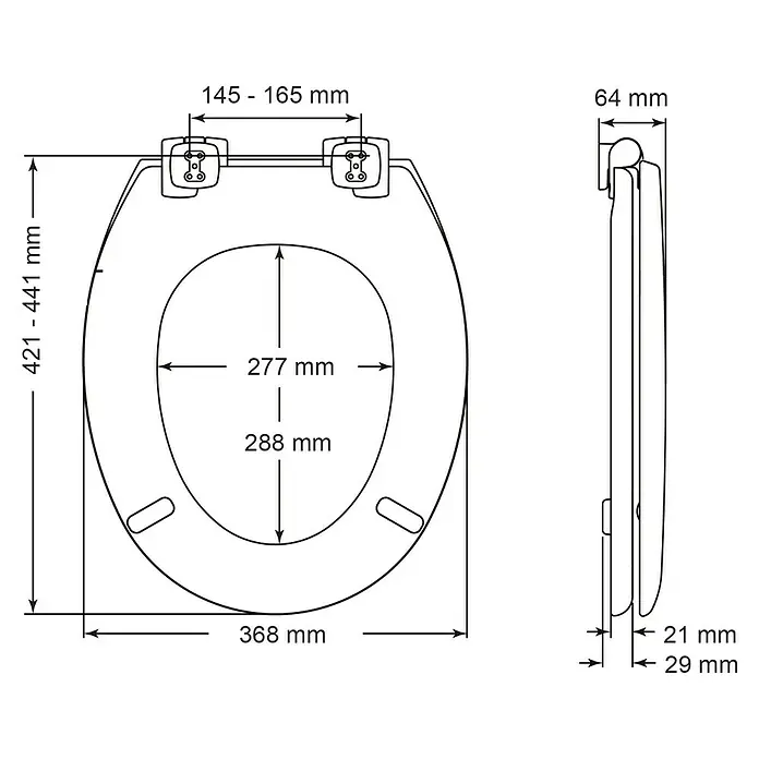 Poseidon WC-Sitz Rio - Holz, Pergamon, Mit Absenkautomatik - Technische Zeichnung eines WC-Sitzes mit Bemaßungen für Breite, Länge und Höhe in Millimetern.