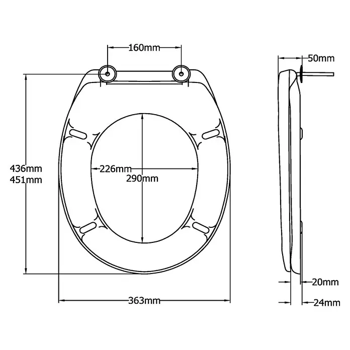 Poseidon WC-Sitz Tampa - Duroplast, Weiß - Technische Zeichnung eines Toilettensitzes mit Bemaßungen für Montage und Produktdetails.