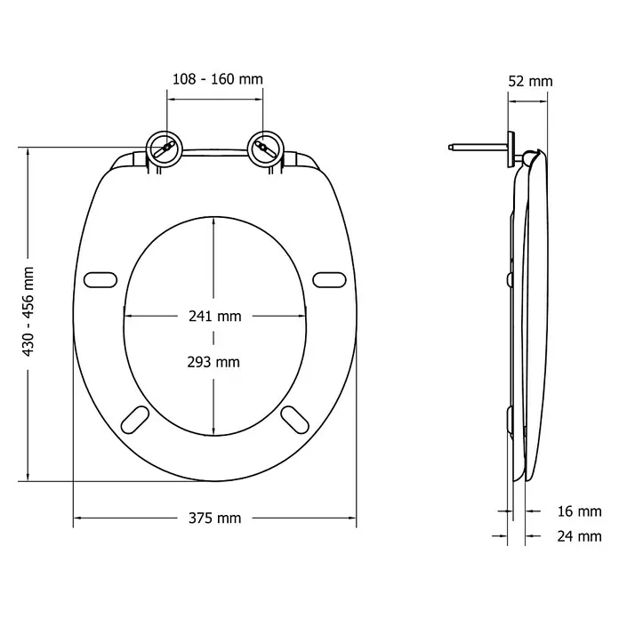 Poseidon WC-Sitz Memphis - Duroplast, Weiß - Eine technische Zeichnung eines WC-Sitzes mit Maßen für Länge, Breite und Befestigungsabstand. Präzise Produktdimensionen im Detail.
