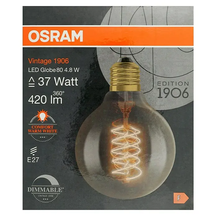 Osram LED-Lampe Vintage Edition 1906 Globe-Form 80 E27 - E27, Dimmbar, Warmweiß, 420 lm, 4,8 W - OSRAM Vintage 1906 LED Globe 80 4.8 W Lampe. Die Lampe spendet ein warmweißes Licht und ist dimmbar. Sie hat eine E27 Fassung.
