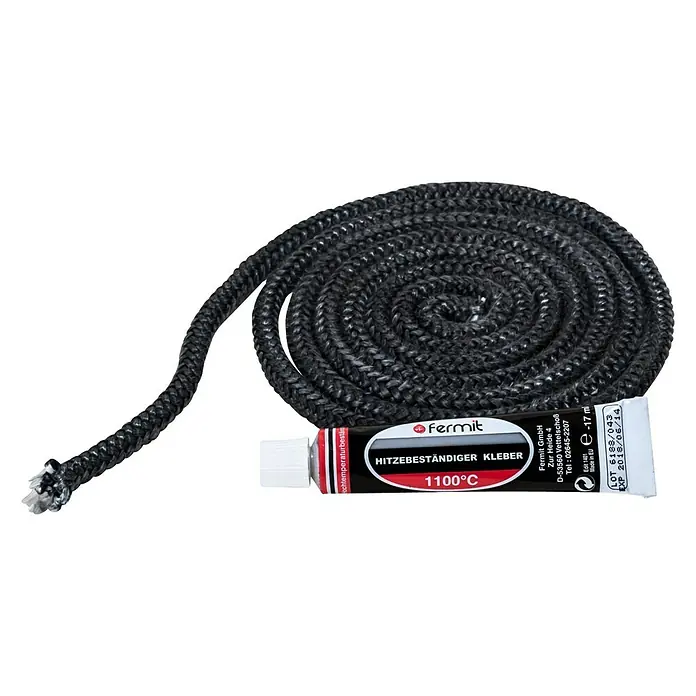 Ofendichtschnur - Ø x L: 12 mm x 2 m - Ofendichtschnur-Set von Fermit, bestehend aus Dichtschnur und hitzebeständigem Kleber, ideal für Kamine und Öfen, um hohe Temperaturen abzudichten.
