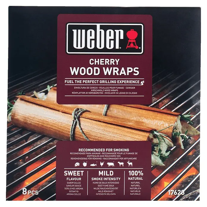 Weber Wood Wraps - Kirsche, 8 Stk. - Verpackung der Weber Cherry Wood Wraps, ideal zum Räuchern, mit süßem Aroma und milder Rauchintensität.\n
