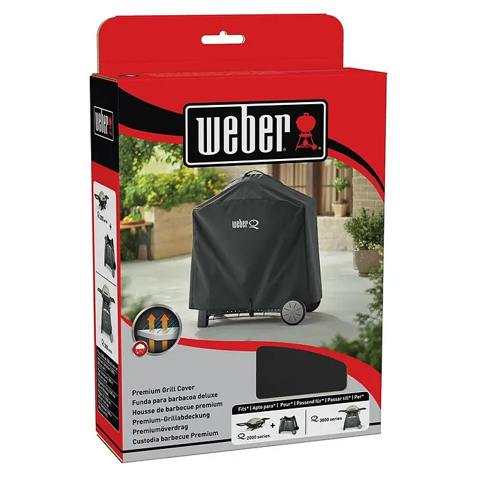 Weber Grill-Schutzhülle Premium - Passend für: Weber Q 300/3000 Serie - Verpackung für eine Weber Premium Grillabdeckung, passend für Grills der Serien Q 2000 und Q 3000, zum Schutz vor Witterungseinflüssen.