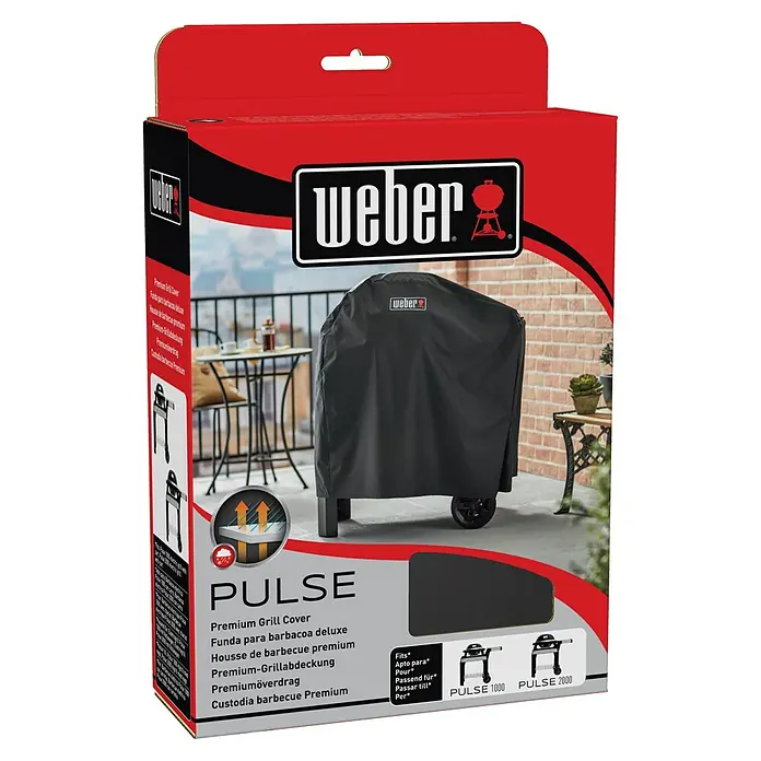 Weber Premium Grill-Schutzhülle - Passend für: Weber Pulse 1000/2000 mit Rollwagen - Produktbild einer Weber Pulse Grillabdeckung, passend für die Modelle 1000 und 2000, für optimalen Schutz vor Wettereinflüssen.