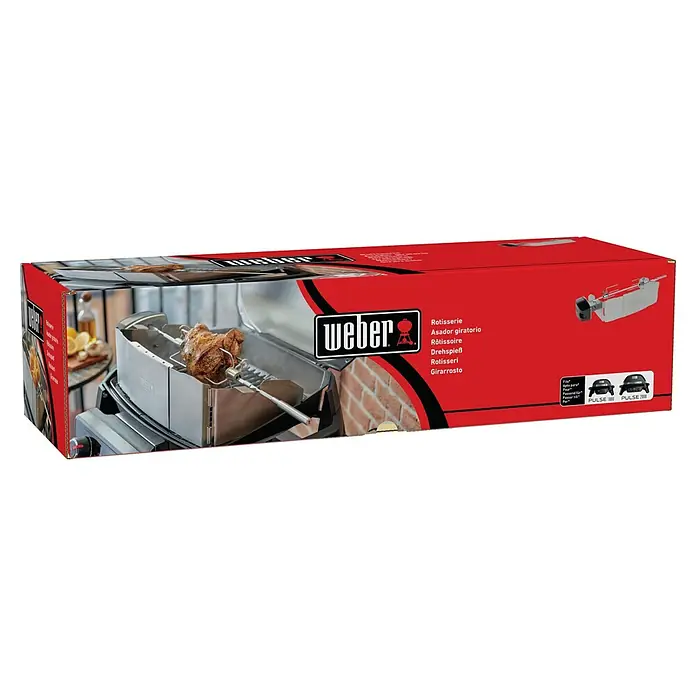 Weber Drehspieß - Länge: 16 cm, Passend für: Weber Elektrogrill Pulse 1000 / 2000 - Bild einer Verpackung für einen Weber Rotisserie-Aufsatz, der für Weber Elektrogrills Pulse 1000 und 2000 geeignet ist.