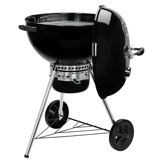 Weber Kugelgrill Original Kettle E-5730 - Durchmesser Grillfläche: 54 cm, Schwarz/Silber - Weber Holzkohlegrill mit offenem Deckel. Solider Grillwagen mit schwarzen Rädern und silberfarbenen Metallbeinen für Grillabende.
