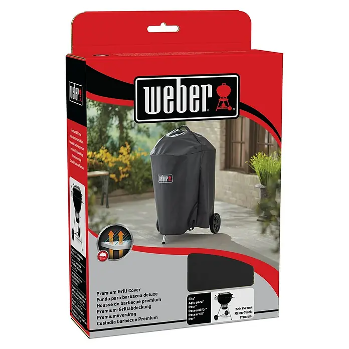 Weber Grill-Schutzhülle - Passend für: Weber Performance GBS mit Ø 57 cm - Produktverpackung für eine hochwertige Weber Grillabdeckung, passend für 57cm Master-Touch Premium Grills, mit mehrsprachiger Produktbeschreibung.