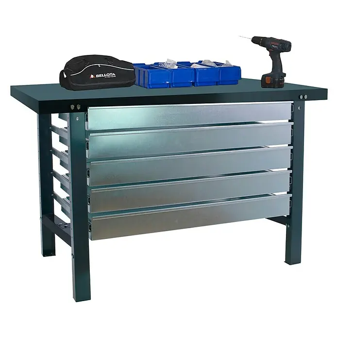 Simonrack Simonwork Werkbank BT6L METAL 5BOX 1500 - L x B: 73 x 150 cm, Arbeitshöhe: 83 cm, Belastbarkeit: 775 kg, Schwarz - Werkbank mit mehreren Schubladen, einer Werkzeugtasche, blauen Sortierboxen und einem Akku-Bohrschrauber, ideal für Werkstätten und Hobbyräume.