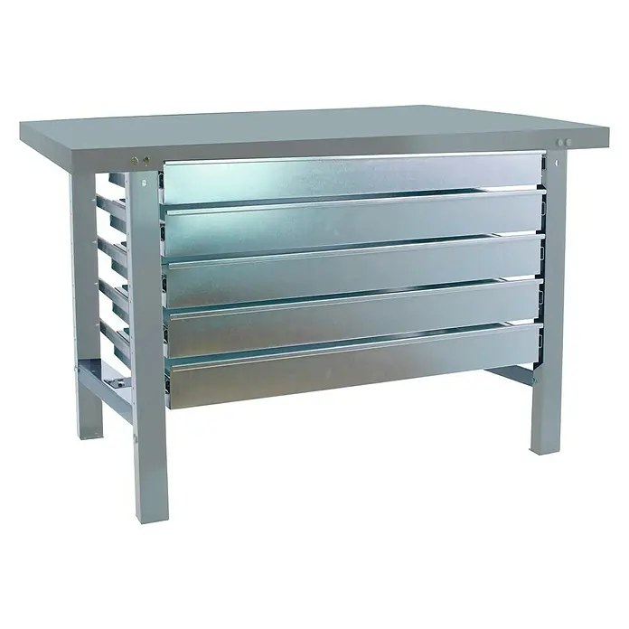 Simonrack Simonwork Werkbank BT6L METAL 5BOX 1800 - L x B: 73 x 180 cm, Arbeitshöhe: 83 cm, Belastbarkeit: 775 kg, Grau - Bild eines Werkstatttisches mit mehreren Schubladen aus Metall. Praktische Werkstatteinrichtung für Ordnung und Effizienz.