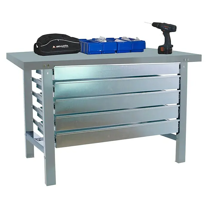 Simonrack Simonwork Werkbank BT6L METAL 5BOX 1800 - L x B: 73 x 180 cm, Arbeitshöhe: 83 cm, Belastbarkeit: 775 kg, Grau - Werkbank mit Werkzeugtasche, Sortierkästen und Akkuschrauber. Solide Werkstatteinrichtung für Handwerker und Heimwerker.
