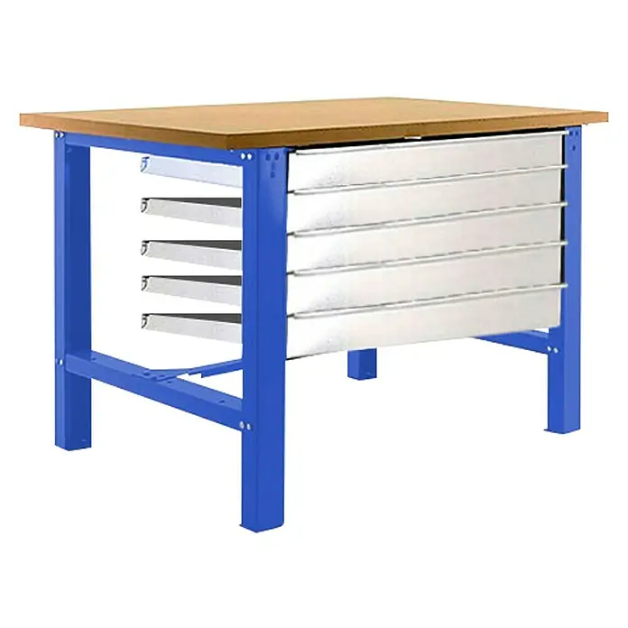 Simonrack Simonwork Werkbank BT6L MDF 5BOX 1500 - L x B: 75 x 150 cm, Arbeitshöhe: 86,5 cm, Belastbarkeit: 775 kg, Blau/Holz - Werkbank mit Holzplatte und blauem Gestell mit mehreren Schubladen zur Aufbewahrung von Werkzeugen und anderen Gegenständen.