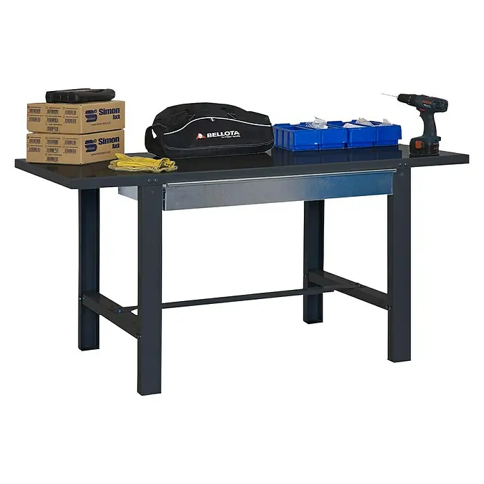 Simonrack Simonwork Werkbank BT6L METAL 1BOX - L x B: 73 x 150 cm, Arbeitshöhe: 83 cm, Belastbarkeit: 635 kg, Schwarz - Abbildung eines Werkstatttisches mit Werkzeugen und Zubehör.