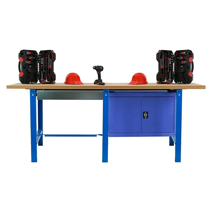 Simonrack Simonwork Banco de trabajo BT6 Box Tandem Cabinet - L x An: 75 x 210 cm, Altura de trabajo: 86,5 cm, Carga soportada: 600 kg, Azul - Banco de trabajo con cajas de herramientas, taladro y cascos. Ideal para aficionados al bricolaje y profesionales que valoran el orden.