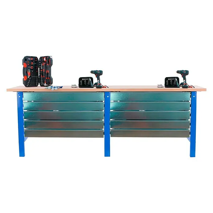 Simonrack Simonwork Banco de trabajo Box Tandem - L x An: 75 x 210 cm, Altura de trabajo: 86,5 cm, Carga soportada: 600 kg, Azul/Madera, Número de cajones: 10 ud. - Banco de trabajo con caja de herramientas y taladros atornilladores inalámbricos, ideal para talleres y aficionados al bricolaje. Construcción robusta.