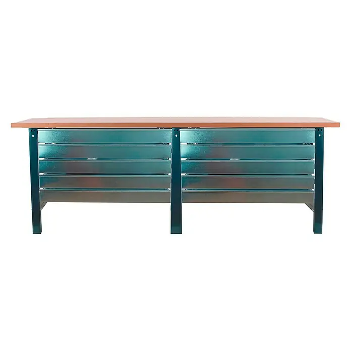 Simonrack Simonwork Banco de trabajo Box Tandem - L x An: 75 x 210 cm, Altura de trabajo: 86,5 cm, Carga soportada: 600 kg, Antracita/Madera, Número de cajones: 10 ud. - Esta foto muestra un banco de trabajo con una tapa de madera y una estructura de metal, ideal para artesanos y aficionados.