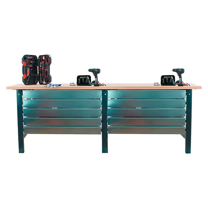 Simonrack Simonwork Banco de trabajo Box Tandem - L x An: 75 x 210 cm, Altura de trabajo: 86,5 cm, Carga soportada: 600 kg, Antracita/Madera, Número de cajones: 10 ud. - Banco de trabajo con juego de herramientas, destornilladores y taladros inalámbricos. Ideal para artesanos y aficionados al bricolaje.
